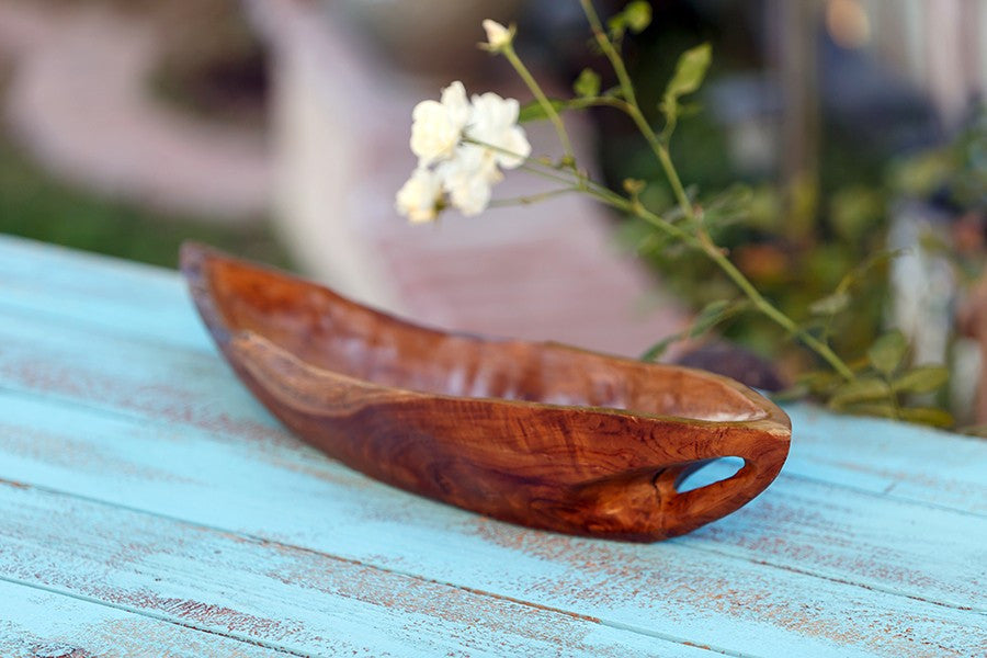 Habini Teak on sale Boat Shaped Bowl, Center Piece, Table Top Hand carved Elegant Wood Decor