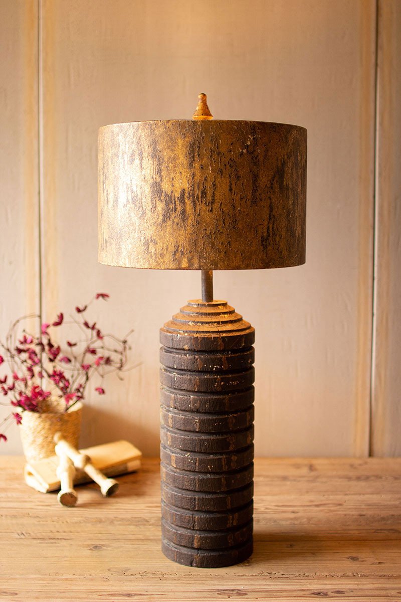 Tall Wooden Table lamp With Antique Gold Metal Shade By Kalalou