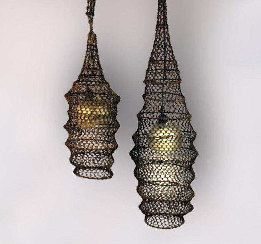Bespoke lantern pendant hung from fishing rod